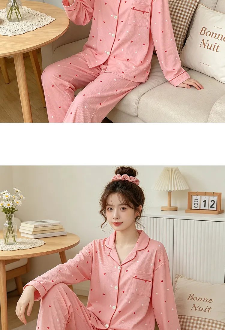 Yuanxing 35108 Ins Style Korean Sweet Pink Heart Pleated Fabric Long Sleeve Loungewear Women's Pajama Set · Wholesale · OEM · Worldwide Shipping - Detail 10