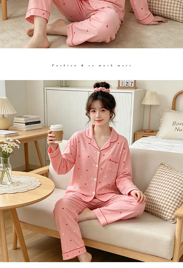 Yuanxing 35108 Ins Style Korean Sweet Pink Heart Pleated Fabric Long Sleeve Loungewear Women's Pajama Set · Wholesale · OEM · Worldwide Shipping - Detail 11