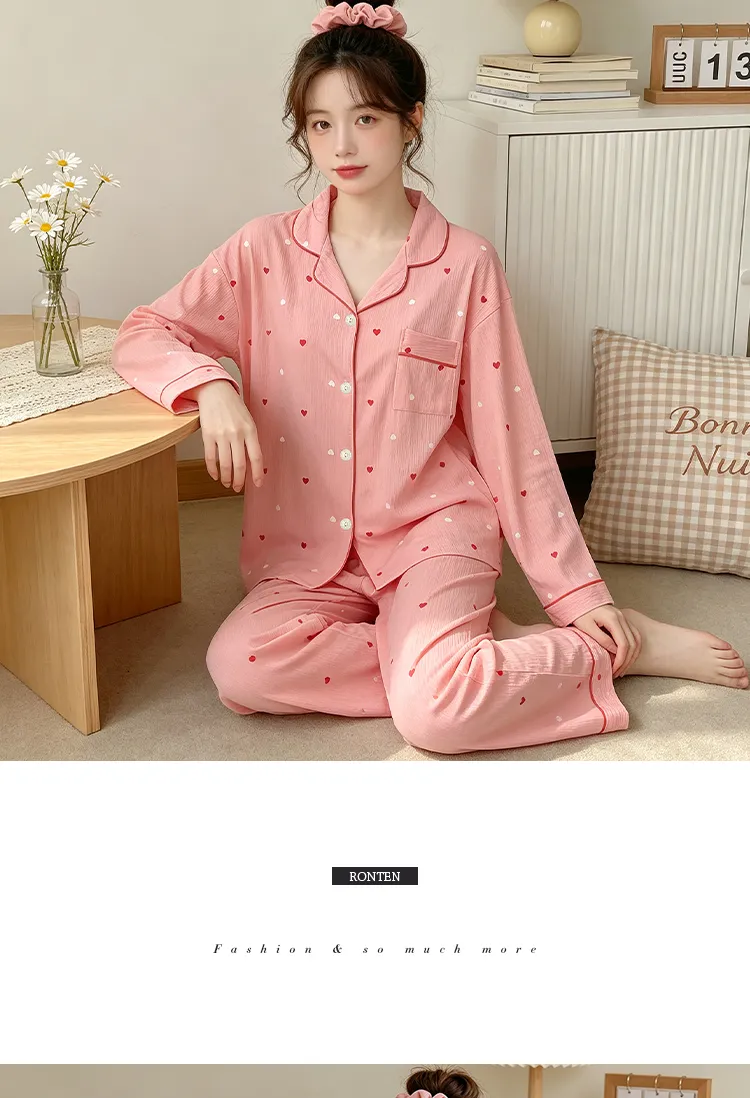 Yuanxing 35108 Ins Style Korean Sweet Pink Heart Pleated Fabric Long Sleeve Loungewear Women's Pajama Set · Wholesale · OEM · Worldwide Shipping - Detail 7