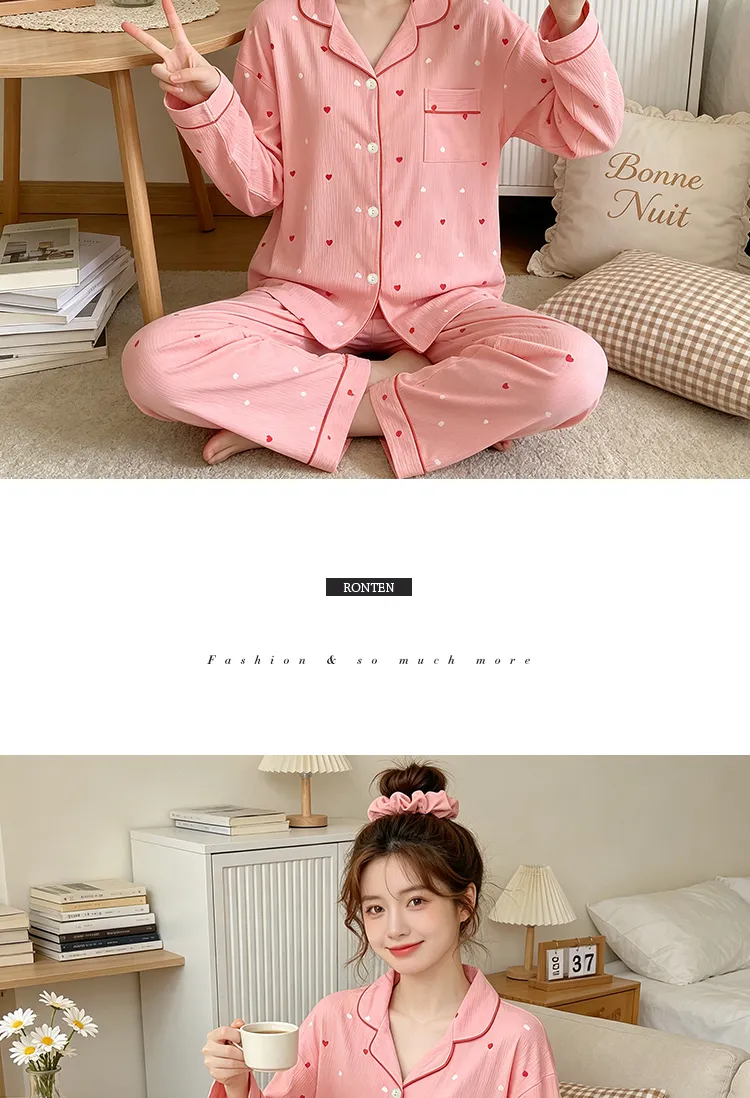 Yuanxing 35108 Ins Style Korean Sweet Pink Heart Pleated Fabric Long Sleeve Loungewear Women's Pajama Set · Wholesale · OEM · Worldwide Shipping - Detail 9