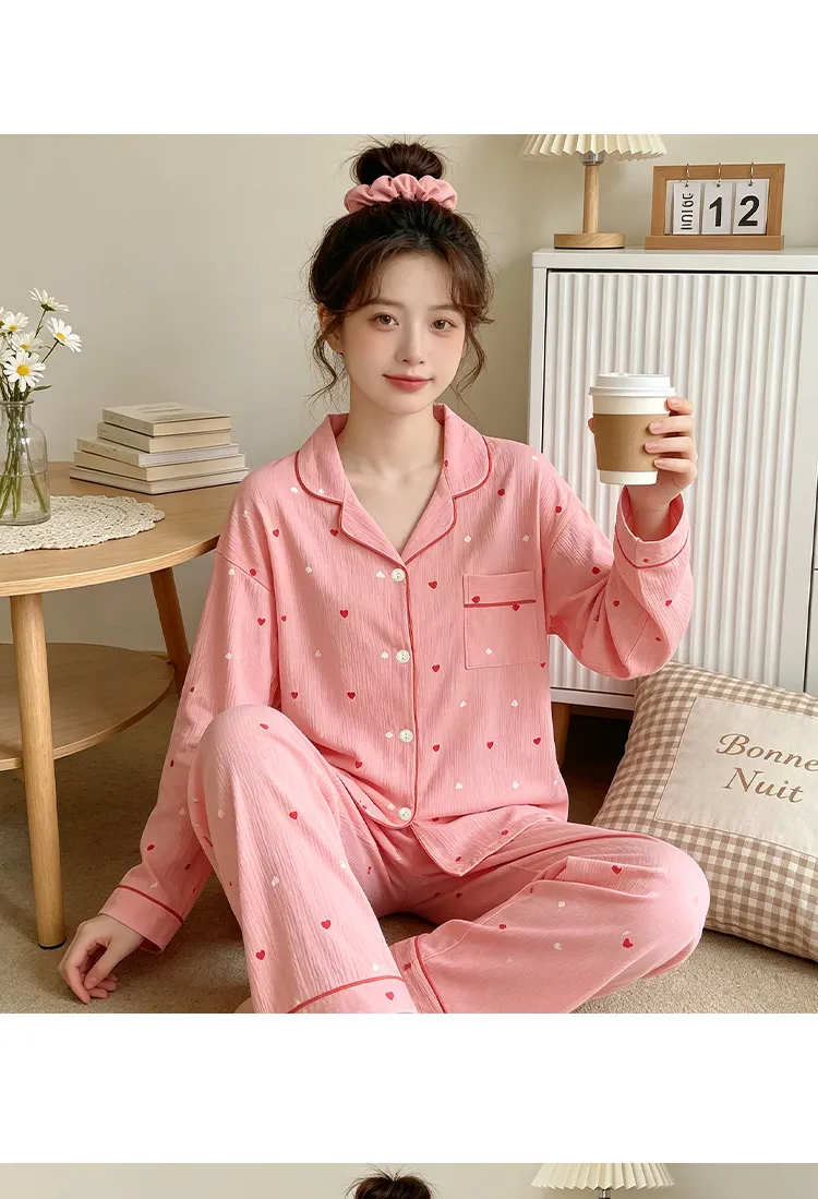 Yuanxing 35108 Ins Style Korean Sweet Pink Heart Pleated Fabric Long Sleeve Loungewear Women's Pajama Set · Wholesale · OEM · Worldwide Shipping - Detail 6