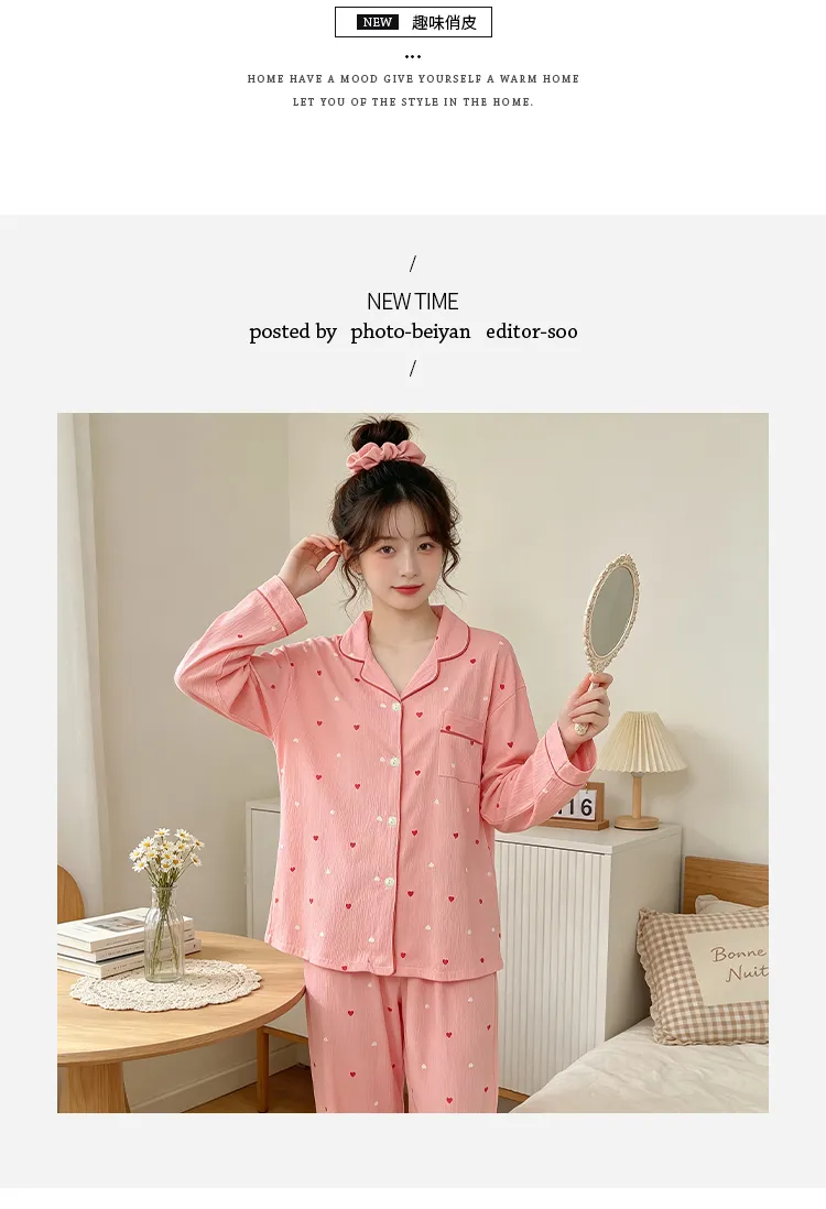 Yuanxing 35108 Ins Style Korean Sweet Pink Heart Pleated Fabric Long Sleeve Loungewear Women's Pajama Set · Wholesale · OEM · Worldwide Shipping - Detail 5