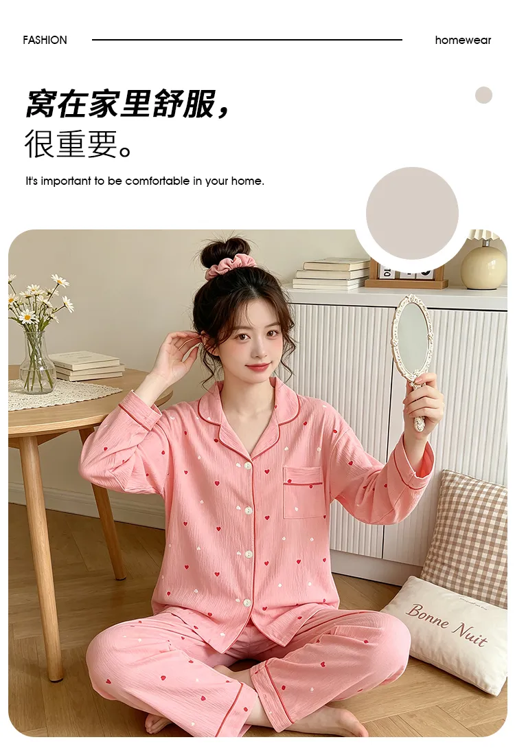 Yuanxing 35108 Ins Style Korean Sweet Pink Heart Pleated Fabric Long Sleeve Loungewear Women's Pajama Set · Wholesale · OEM · Worldwide Shipping - Detail 2