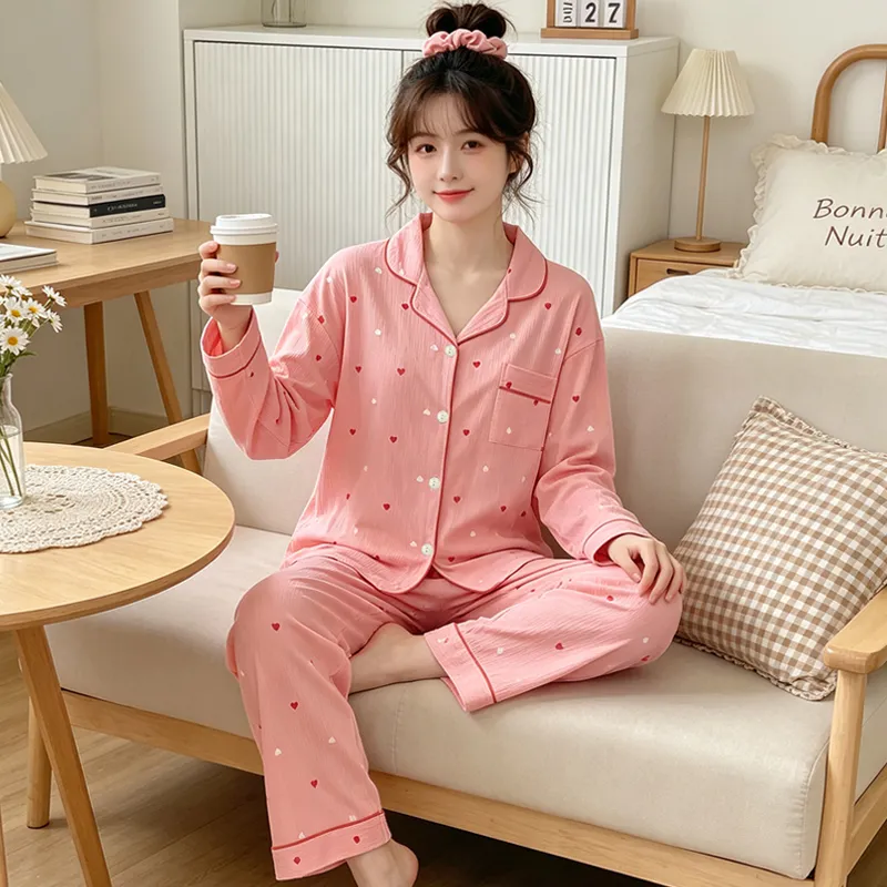 Yuanxing 35108 Ins Style Korean Sweet Pink Heart Pleated Fabric Long Sleeve Loungewear Women's Pajama Set · Wholesale · OEM · Worldwide Shipping - View 2