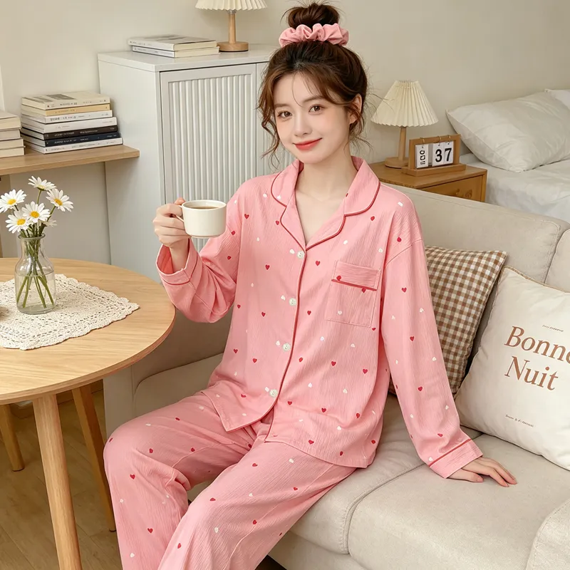 Yuanxing 35108 Ins Style Korean Sweet Pink Heart Pleated Fabric Long Sleeve Loungewear Women's Pajama Set · Wholesale · OEM · Worldwide Shipping - View 3