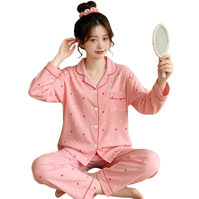 Yuanxing 35108 Ins Style Korean Sweet Pink Heart Pleated Fabric Long Sleeve Loungewear Women's Pajama Set · Wholesale · OEM · Worldwide Shipping - View 4
