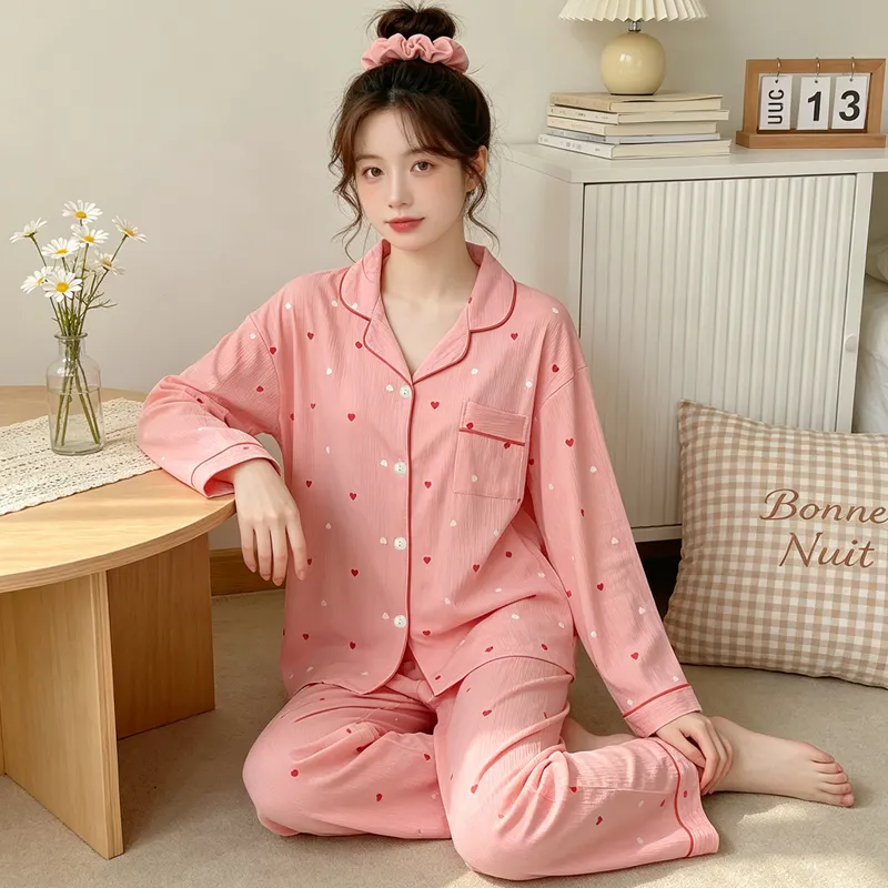 Yuanxing 35108 Ins Style Korean Sweet Pink Heart Pleated Fabric Long Sleeve Loungewear Women's Pajama Set · Wholesale · OEM · Worldwide Shipping - View 1