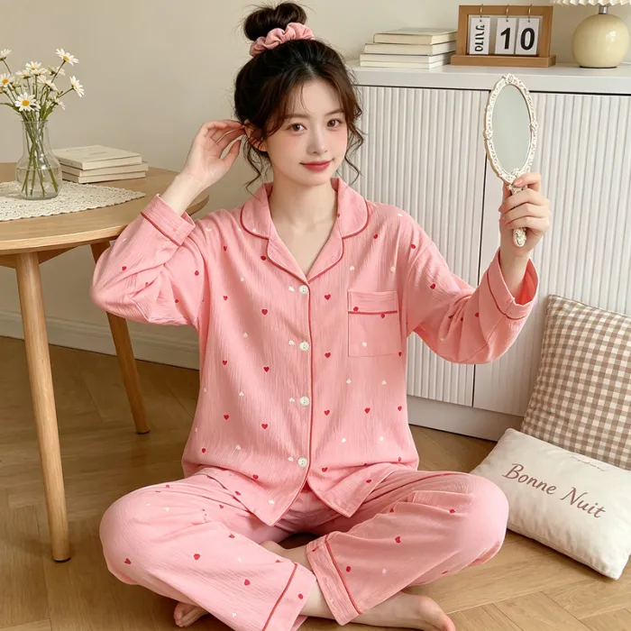 Yuanxing 35108 Ins Style Korean Sweet Pink Heart Pleated Fabric Long Sleeve Loungewear Women's Pajama Set · Wholesale · OEM · Worldwide Shipping - Detail 1