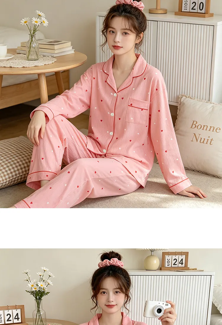 Yuanxing 35108 Ins Style Korean Sweet Pink Heart Pleated Fabric Long Sleeve Loungewear Women's Pajama Set · Wholesale · OEM · Worldwide Shipping - Detail 8