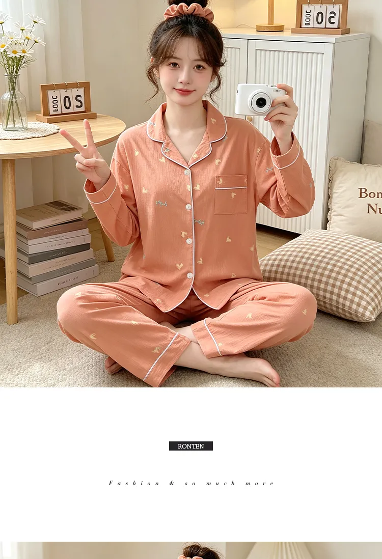 Yuanxing 35109 Ins Style Korean Sweet Orange Heart Crepe Long-Sleeve Loungewear Women's Pajama Set · Wholesale · OEM · Worldwide Shipping - Detail 7