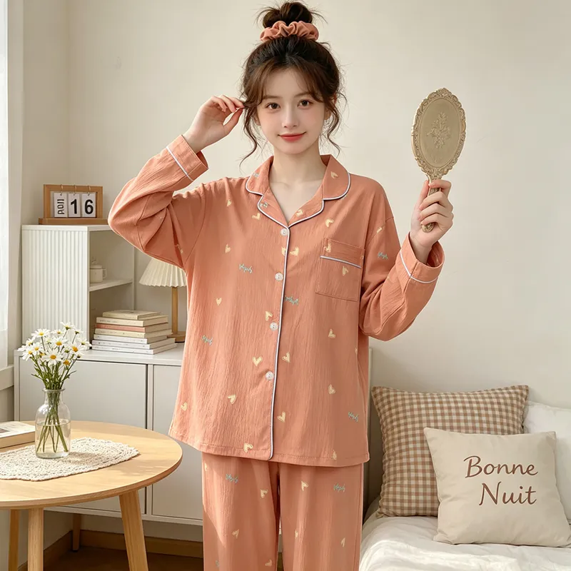 Yuanxing 35109 Ins Style Korean Sweet Orange Heart Crepe Long-Sleeve Loungewear Women's Pajama Set · Wholesale · OEM · Worldwide Shipping - View 1