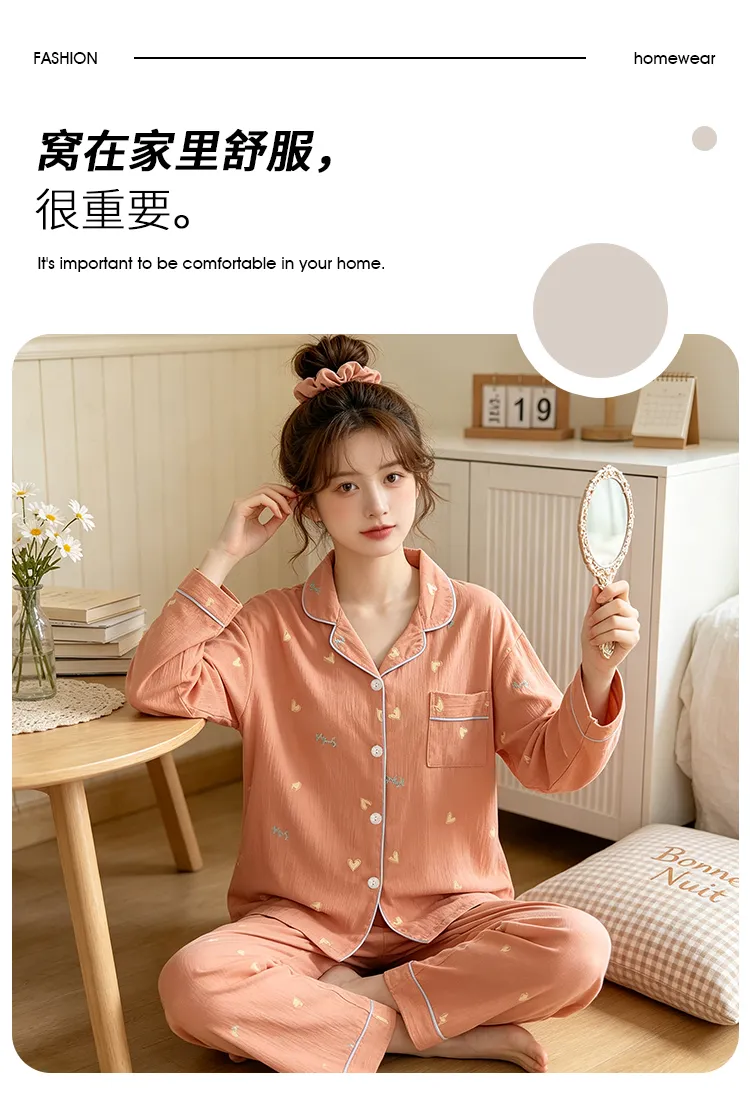 Yuanxing 35109 Ins Style Korean Sweet Orange Heart Crepe Long-Sleeve Loungewear Women's Pajama Set · Wholesale · OEM · Worldwide Shipping - Detail 2