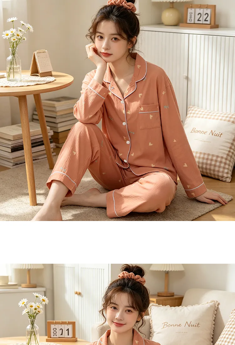 Yuanxing 35109 Ins Style Korean Sweet Orange Heart Crepe Long-Sleeve Loungewear Women's Pajama Set · Wholesale · OEM · Worldwide Shipping - Detail 8