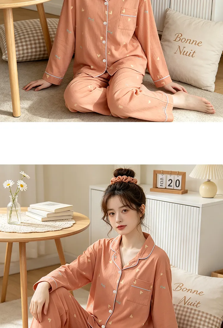 Yuanxing 35109 Ins Style Korean Sweet Orange Heart Crepe Long-Sleeve Loungewear Women's Pajama Set · Wholesale · OEM · Worldwide Shipping - Detail 10