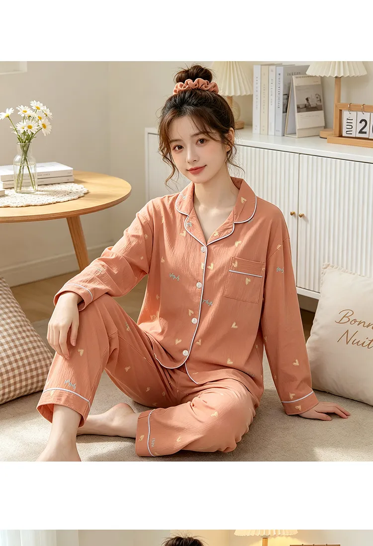 Yuanxing 35109 Ins Style Korean Sweet Orange Heart Crepe Long-Sleeve Loungewear Women's Pajama Set · Wholesale · OEM · Worldwide Shipping - Detail 6