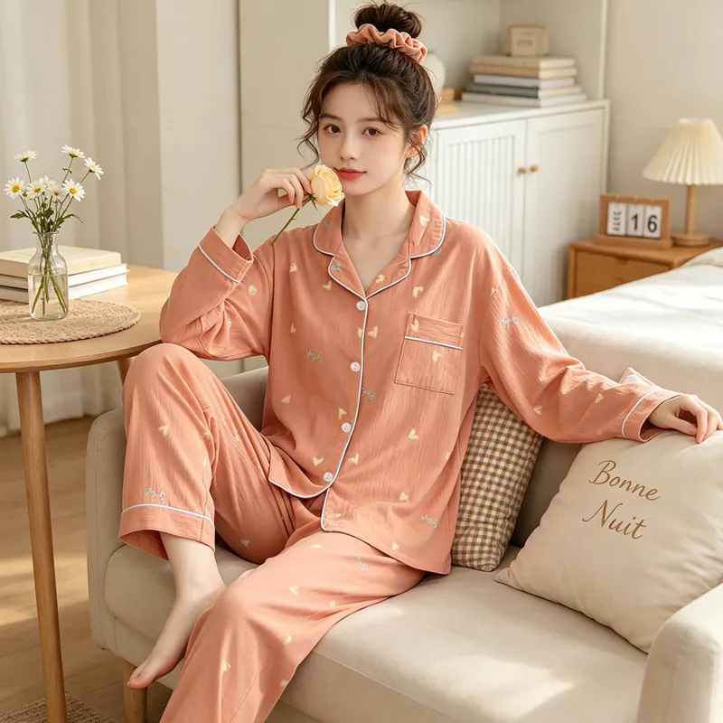 Yuanxing 35109 Ins Style Korean Sweet Orange Heart Crepe Long-Sleeve Loungewear Women's Pajama Set · Wholesale · OEM · Worldwide Shipping - View 2