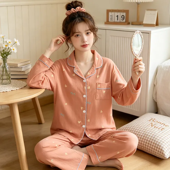 Yuanxing 35109 Ins Style Korean Sweet Orange Heart Crepe Long-Sleeve Loungewear Women's Pajama Set · Wholesale · OEM · Worldwide Shipping - Detail 1