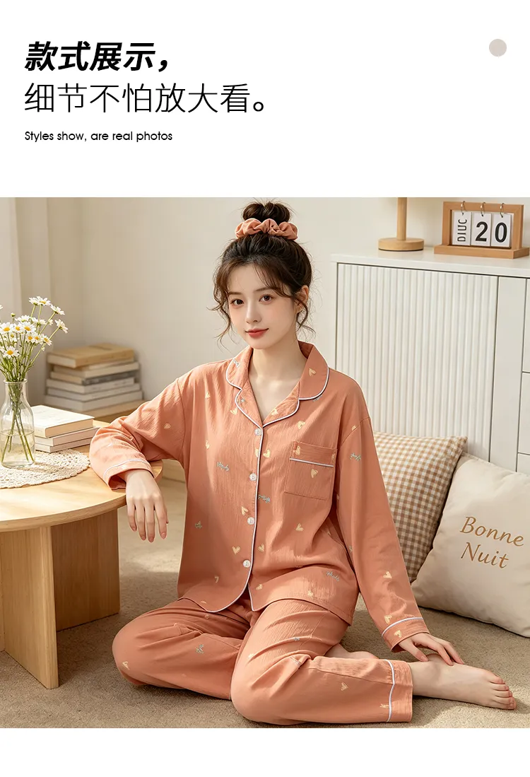 Yuanxing 35109 Ins Style Korean Sweet Orange Heart Crepe Long-Sleeve Loungewear Women's Pajama Set · Wholesale · OEM · Worldwide Shipping - Detail 4