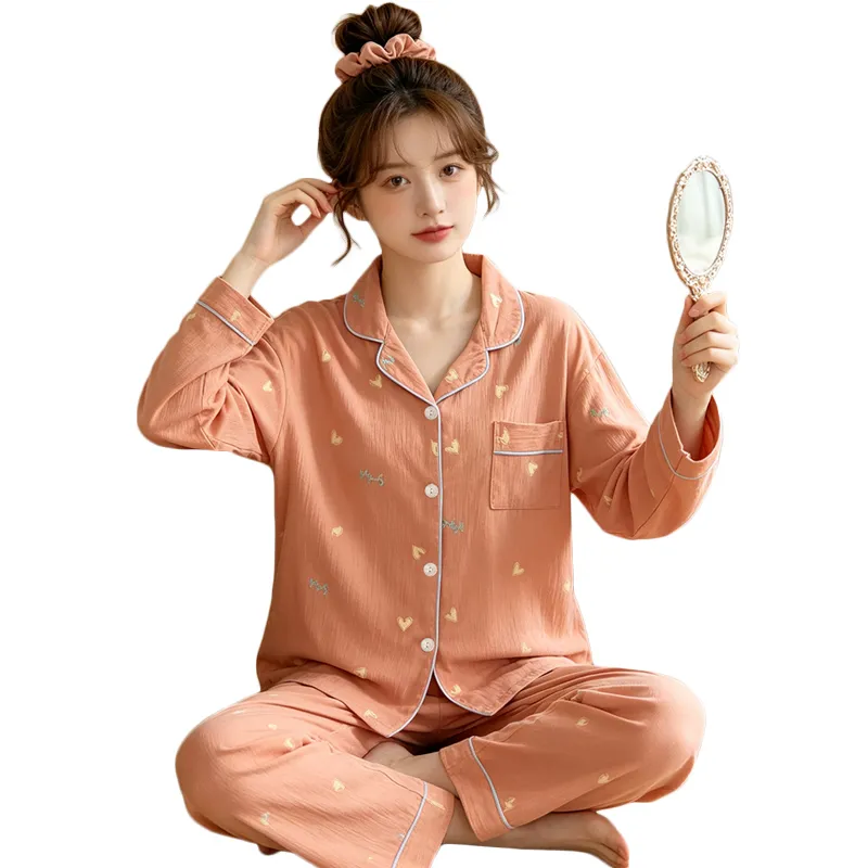 Yuanxing 35109 Ins Style Korean Sweet Orange Heart Crepe Long-Sleeve Loungewear Women's Pajama Set · Wholesale · OEM · Worldwide Shipping - View 4