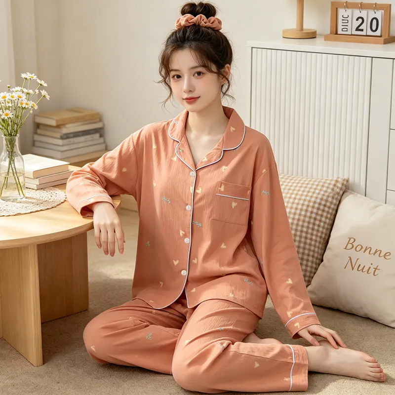 Yuanxing 35109 Ins Style Korean Sweet Orange Heart Crepe Long-Sleeve Loungewear Women's Pajama Set · Wholesale · OEM · Worldwide Shipping - View 3