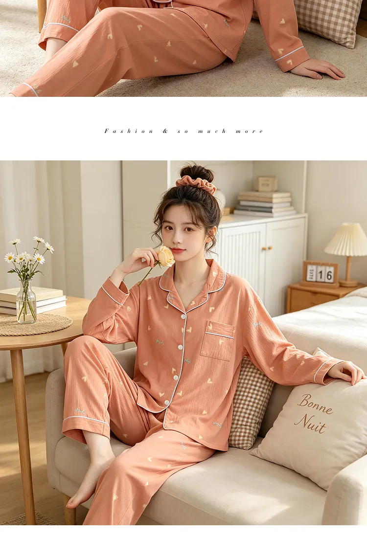 Yuanxing 35109 Ins Style Korean Sweet Orange Heart Crepe Long-Sleeve Loungewear Women's Pajama Set · Wholesale · OEM · Worldwide Shipping - Detail 11
