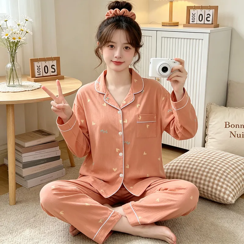 Yuanxing 35109 Ins Style Korean Sweet Orange Heart Crepe Long-Sleeve Loungewear Women's Pajama Set · Wholesale · OEM · Worldwide Shipping