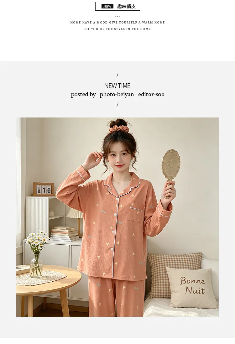 Yuanxing 35109 Ins Style Korean Sweet Orange Heart Crepe Long-Sleeve Loungewear Women's Pajama Set · Wholesale · OEM · Worldwide Shipping - Detail 5