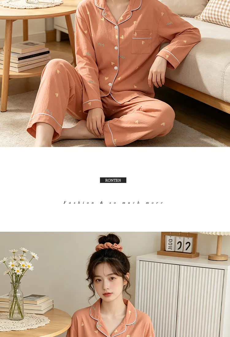 Yuanxing 35109 Ins Style Korean Sweet Orange Heart Crepe Long-Sleeve Loungewear Women's Pajama Set · Wholesale · OEM · Worldwide Shipping - Detail 9