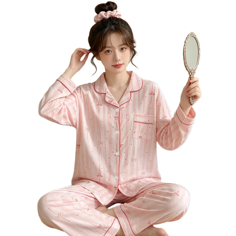 Yuanxing 35110 Ins Style Korean Sweet Striped Bow Crinkle Fabric Long Sleeve Loungewear Women's Pajama Set · Wholesale · OEM · Worldwide Shipping - View 4