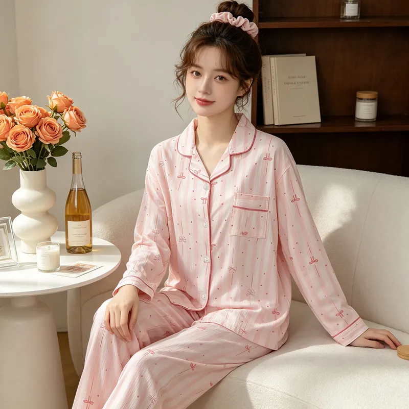 Yuanxing 35110 Ins Style Korean Sweet Striped Bow Crinkle Fabric Long Sleeve Loungewear Women's Pajama Set · Wholesale · OEM · Worldwide Shipping - View 1