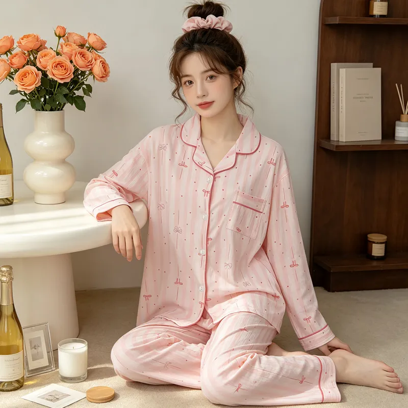 Yuanxing 35110 Ins Style Korean Sweet Striped Bow Crinkle Fabric Long Sleeve Loungewear Women's Pajama Set · Wholesale · OEM · Worldwide Shipping - View 3