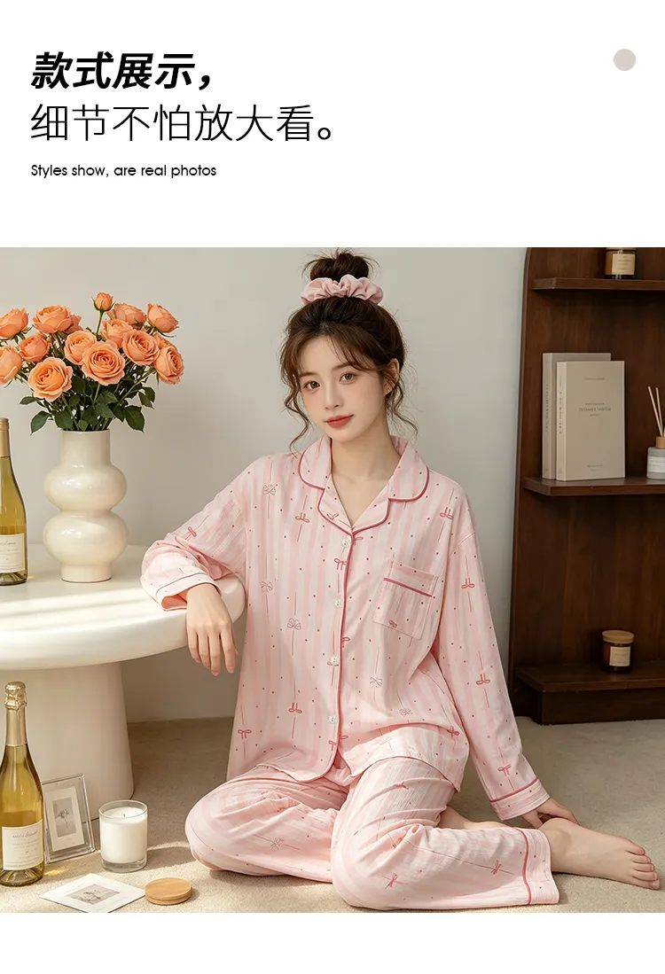 Yuanxing 35110 Ins Style Korean Sweet Striped Bow Crinkle Fabric Long Sleeve Loungewear Women's Pajama Set · Wholesale · OEM · Worldwide Shipping - Detail 4