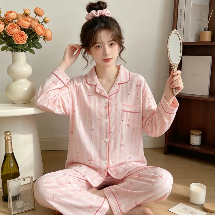 Yuanxing 35110 Ins Style Korean Sweet Striped Bow Crinkle Fabric Long Sleeve Loungewear Women's Pajama Set · Wholesale · OEM · Worldwide Shipping - Detail 1