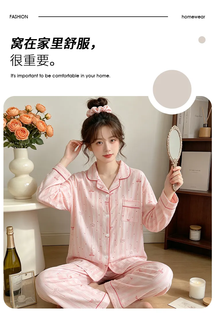 Yuanxing 35110 Ins Style Korean Sweet Striped Bow Crinkle Fabric Long Sleeve Loungewear Women's Pajama Set · Wholesale · OEM · Worldwide Shipping - Detail 2