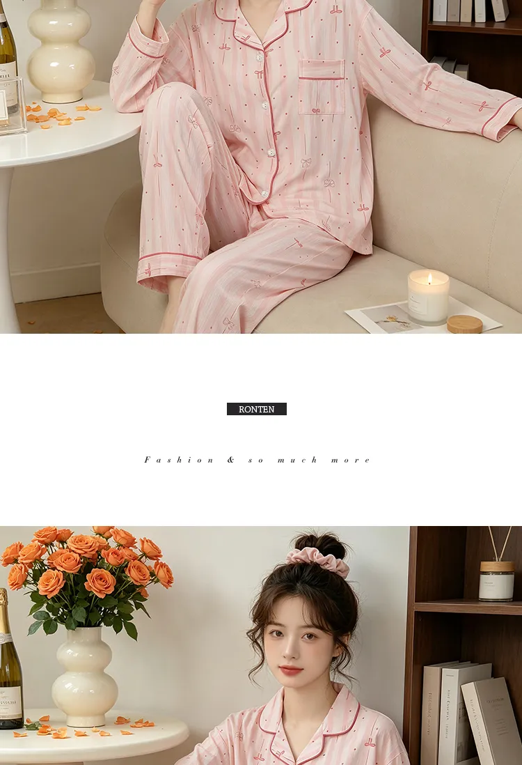 Yuanxing 35110 Ins Style Korean Sweet Striped Bow Crinkle Fabric Long Sleeve Loungewear Women's Pajama Set · Wholesale · OEM · Worldwide Shipping - Detail 9