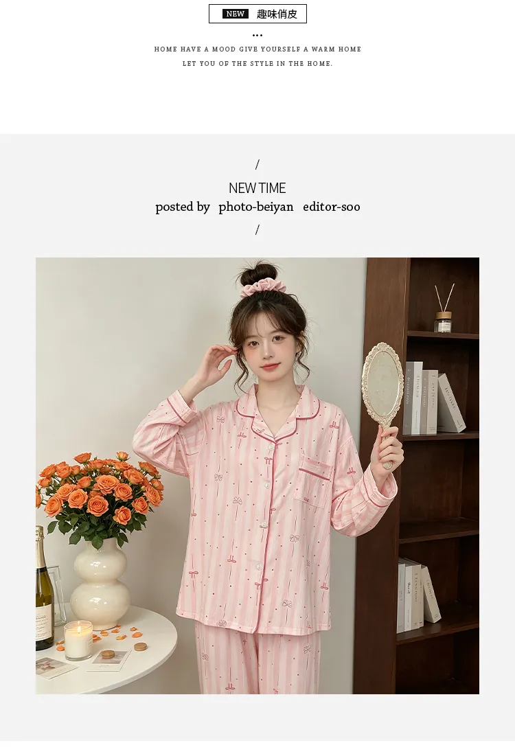 Yuanxing 35110 Ins Style Korean Sweet Striped Bow Crinkle Fabric Long Sleeve Loungewear Women's Pajama Set · Wholesale · OEM · Worldwide Shipping - Detail 5