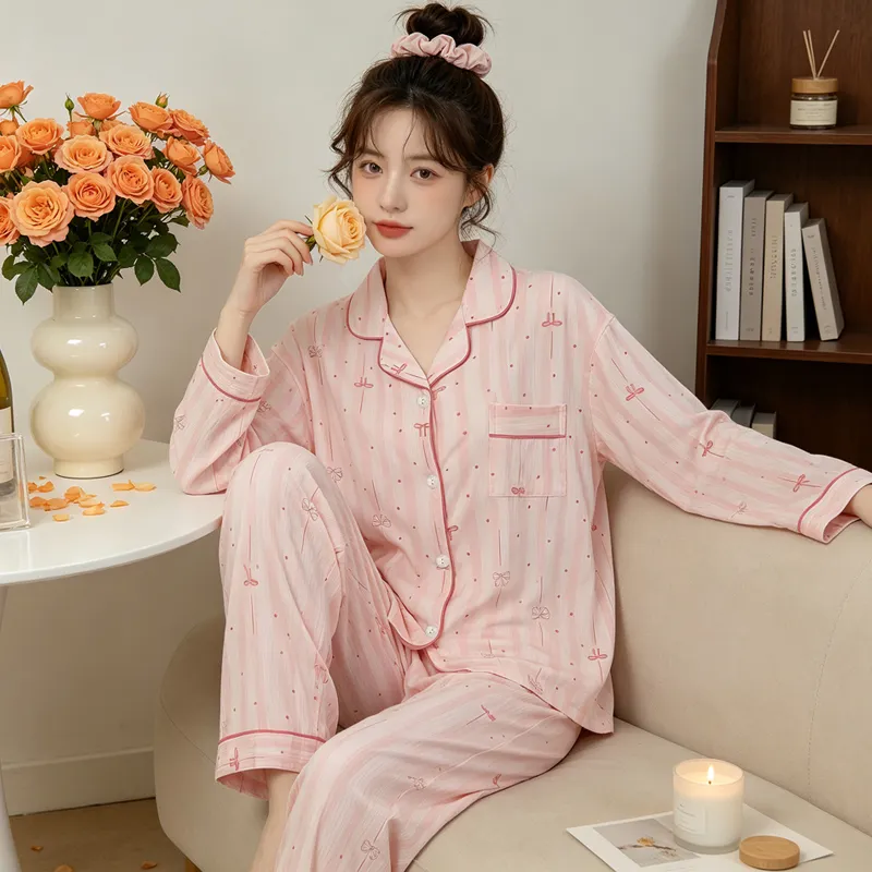 Yuanxing 35110 Ins Style Korean Sweet Striped Bow Crinkle Fabric Long Sleeve Loungewear Women's Pajama Set · Wholesale · OEM · Worldwide Shipping - View 2