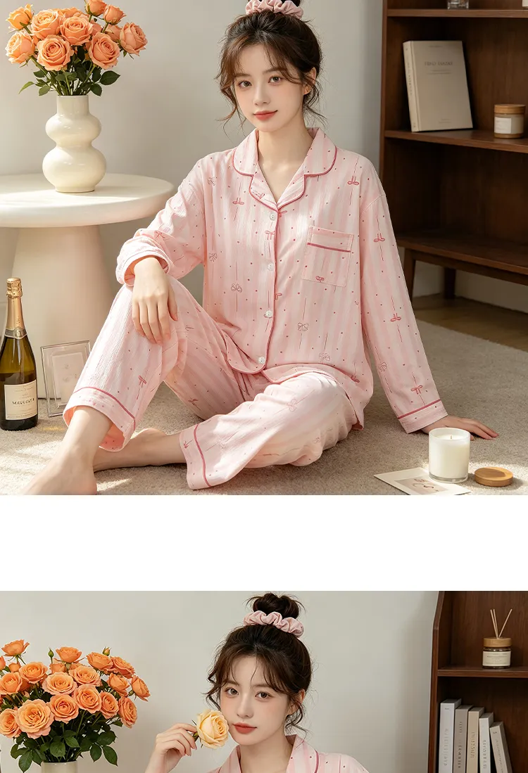 Yuanxing 35110 Ins Style Korean Sweet Striped Bow Crinkle Fabric Long Sleeve Loungewear Women's Pajama Set · Wholesale · OEM · Worldwide Shipping - Detail 8