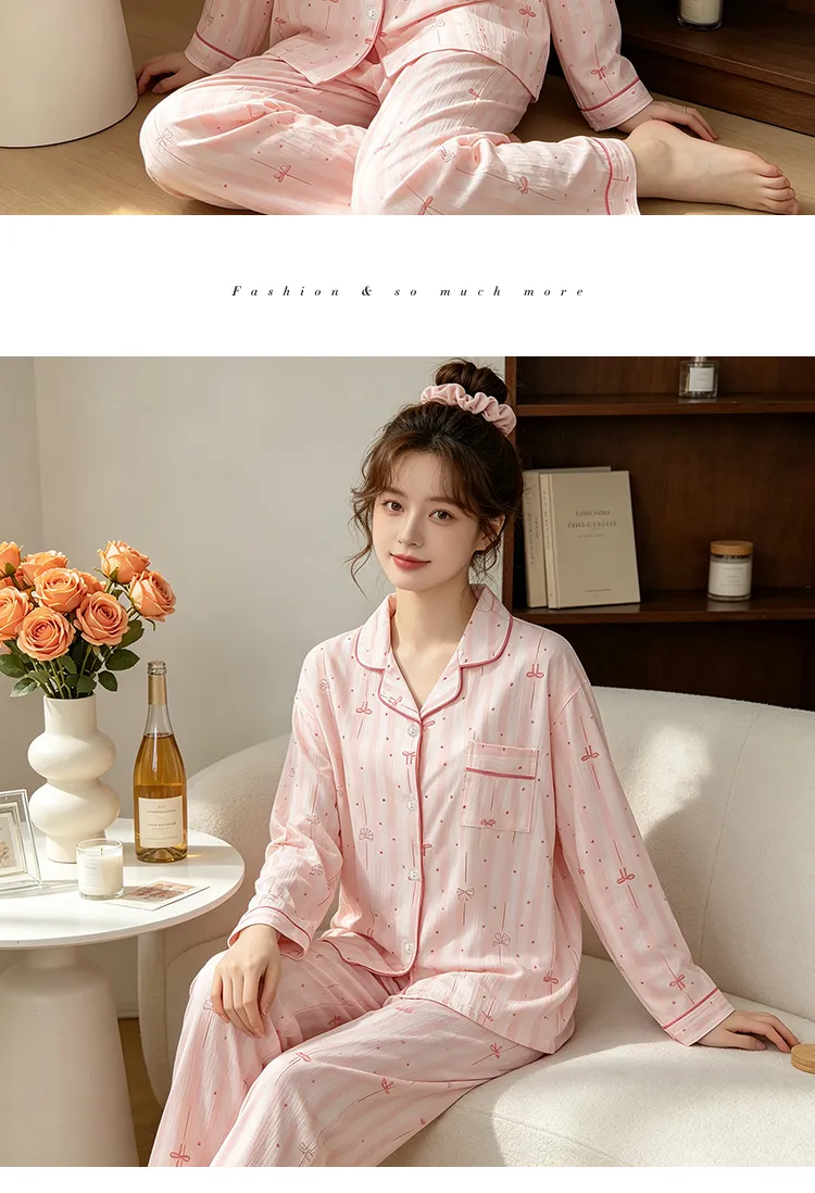 Yuanxing 35110 Ins Style Korean Sweet Striped Bow Crinkle Fabric Long Sleeve Loungewear Women's Pajama Set · Wholesale · OEM · Worldwide Shipping - Detail 11