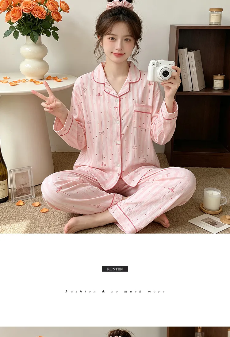 Yuanxing 35110 Ins Style Korean Sweet Striped Bow Crinkle Fabric Long Sleeve Loungewear Women's Pajama Set · Wholesale · OEM · Worldwide Shipping - Detail 7