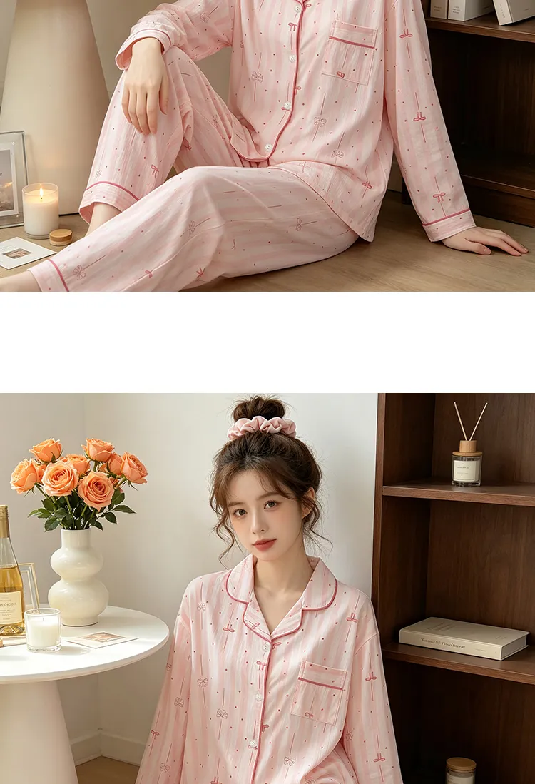Yuanxing 35110 Ins Style Korean Sweet Striped Bow Crinkle Fabric Long Sleeve Loungewear Women's Pajama Set · Wholesale · OEM · Worldwide Shipping - Detail 10