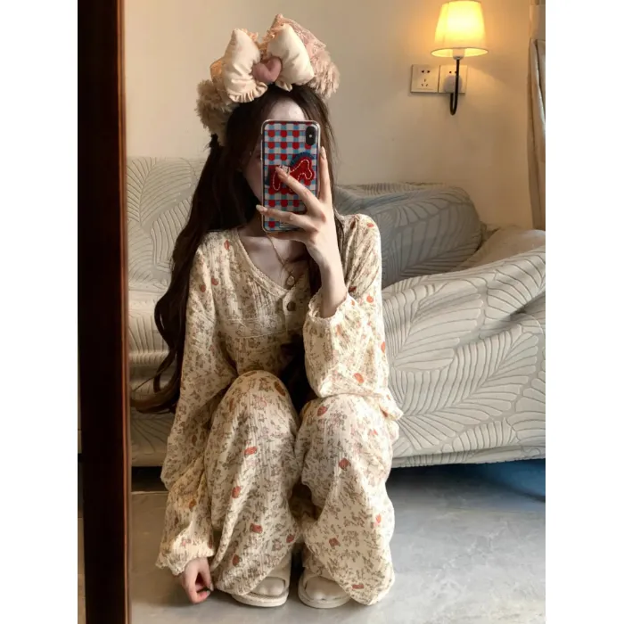 3512 Peach Garden Long Sleeve Influencer Ins Korean Style 2026 Pajamas Women Spring Autumn New Loungewear Set · Wholesale · OEM · Worldwide Shipping - Detail 1