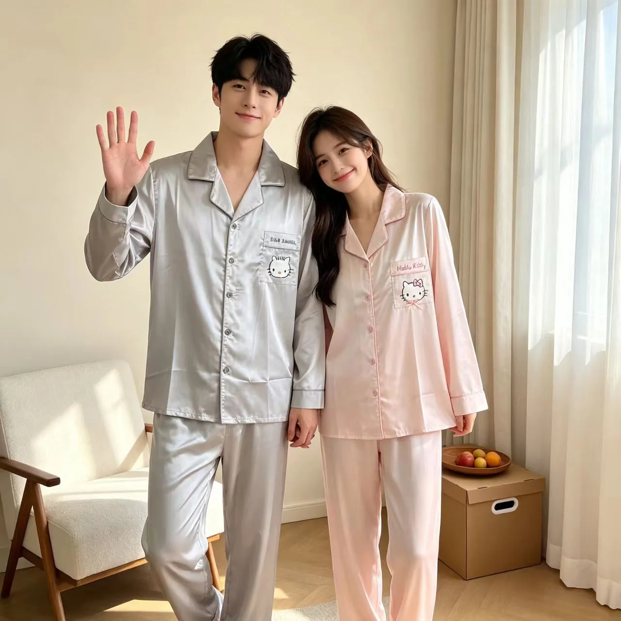 봄가을 신상 커플 아이스실크 긴팔 긴바지 투피스 세트 만화 KT고양이 외출 가능 홈웨어 얇은 파자마 · 도매 · OEM · 전 세계 배송 - View 1