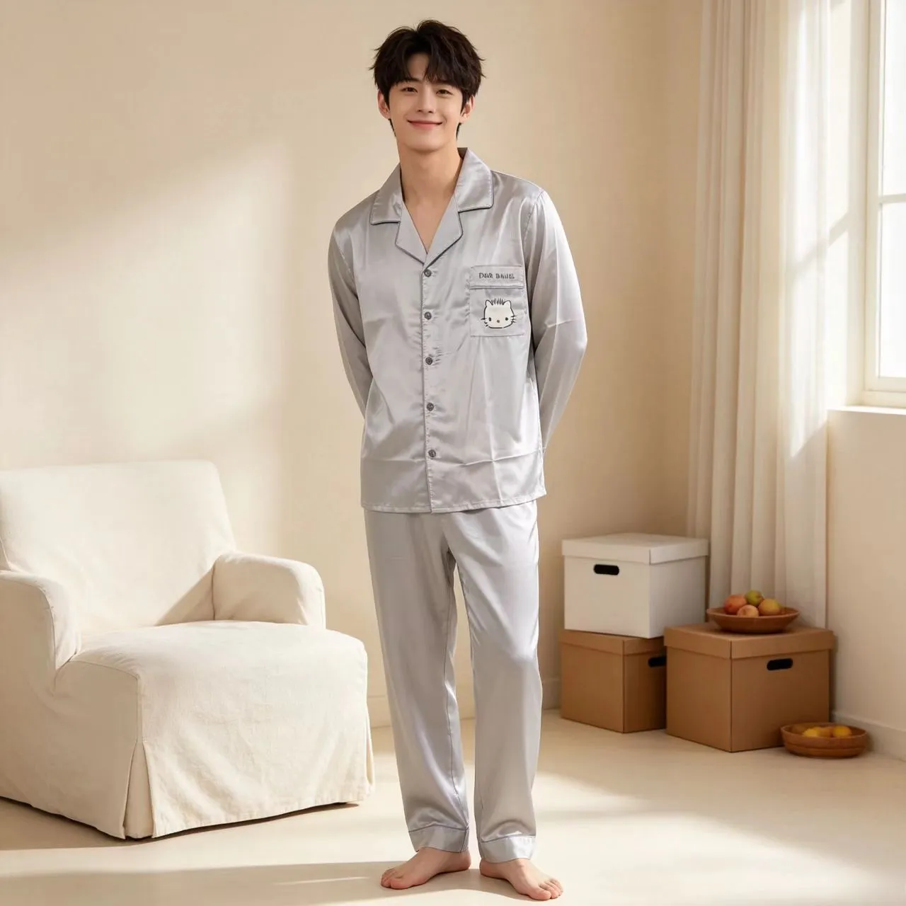 봄가을 신상 파자마 남성 아이스 스노우 실크 긴팔 긴바지 2종 세트 카툰 KT 고양이 외출 가능 홈웨어 얇은 · 도매 · OEM · 전 세계 배송 - View 4
