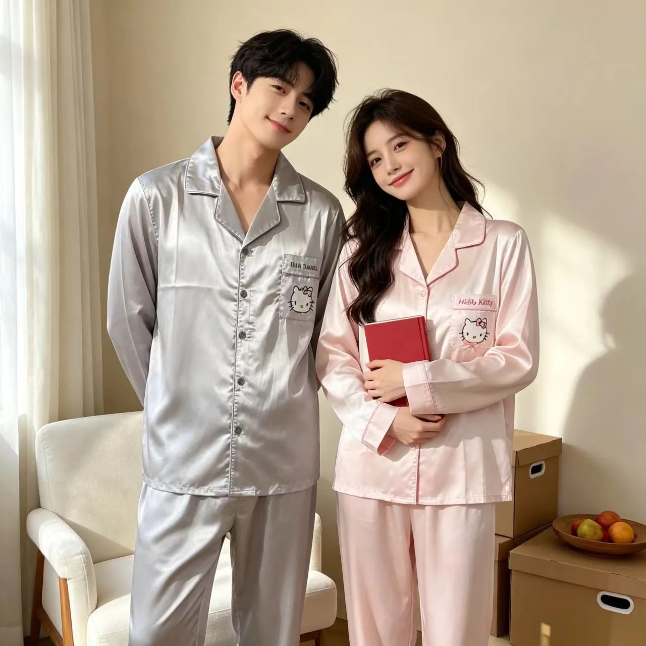 봄가을 신상 커플 아이스실크 긴팔 긴바지 투피스 세트 만화 KT고양이 외출 가능 홈웨어 얇은 파자마 · 도매 · OEM · 전 세계 배송 - View 2