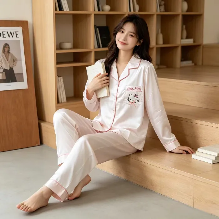 봄가을 신상 커플 아이스실크 긴팔 긴바지 투피스 세트 만화 KT고양이 외출 가능 홈웨어 얇은 파자마 · 도매 · OEM · 전 세계 배송 - Detail 1