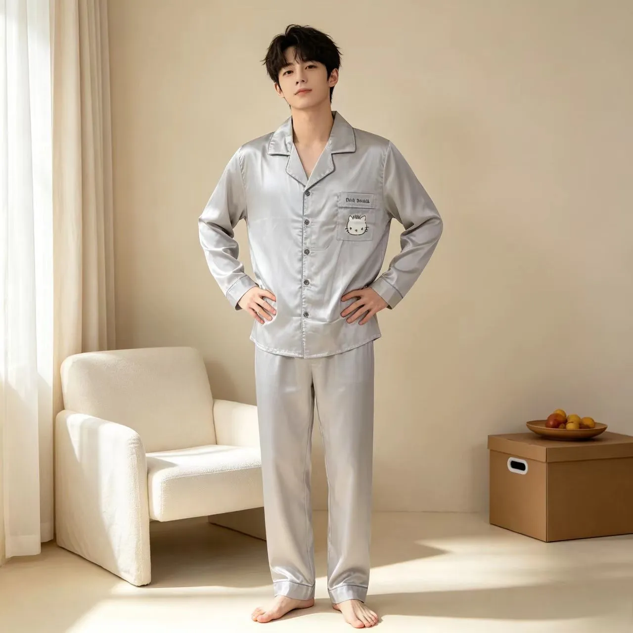봄가을 신상 파자마 남성 아이스 스노우 실크 긴팔 긴바지 2종 세트 카툰 KT 고양이 외출 가능 홈웨어 얇은 · 도매 · OEM · 전 세계 배송 - Detail 4