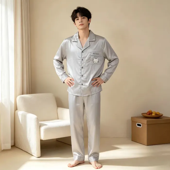 봄가을 신상 파자마 남성 아이스 스노우 실크 긴팔 긴바지 2종 세트 카툰 KT 고양이 외출 가능 홈웨어 얇은 · 도매 · OEM · 전 세계 배송 - Detail 1