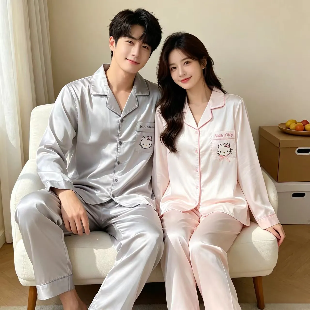 봄가을 신상 커플 아이스실크 긴팔 긴바지 투피스 세트 만화 KT고양이 외출 가능 홈웨어 얇은 파자마 · 도매 · OEM · 전 세계 배송 - View 3