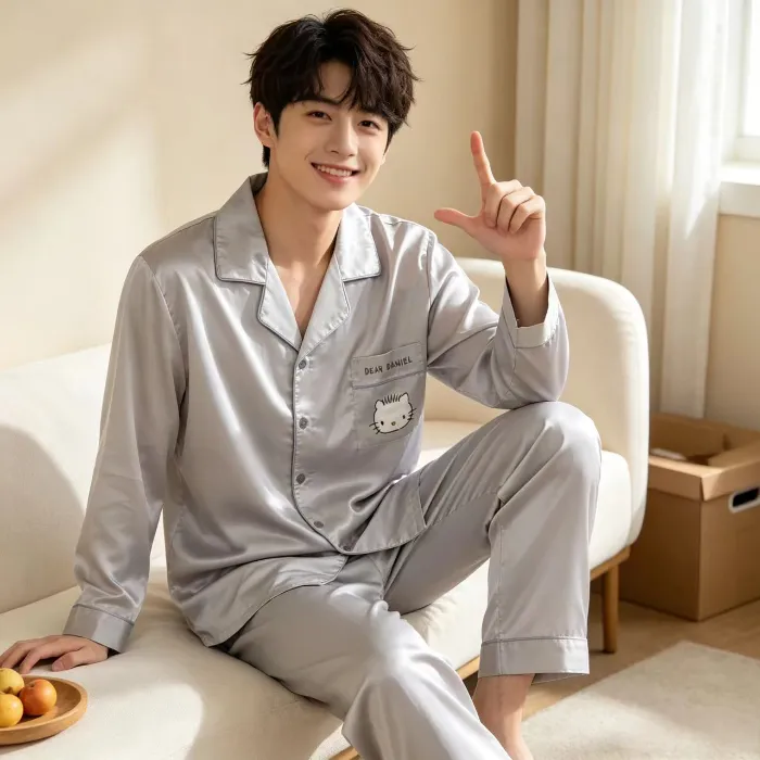 봄가을 신상 커플 아이스실크 긴팔 긴바지 투피스 세트 만화 KT고양이 외출 가능 홈웨어 얇은 파자마 · 도매 · OEM · 전 세계 배송 - Detail 2